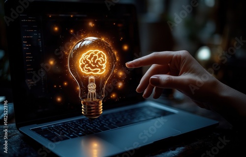Obraz na płótnie Hand touching a glowing light bulb with a brain inside on a laptop computer screen w salonie