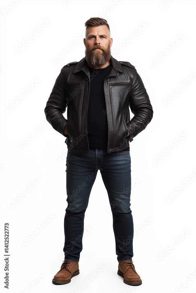 Confident man in black leather jacket with arms crossed on white background
Confident man in black leather jacket with arms crossed on white background