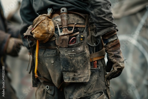 Close-up of a construction worker with a bag and tools kit worn on the waist