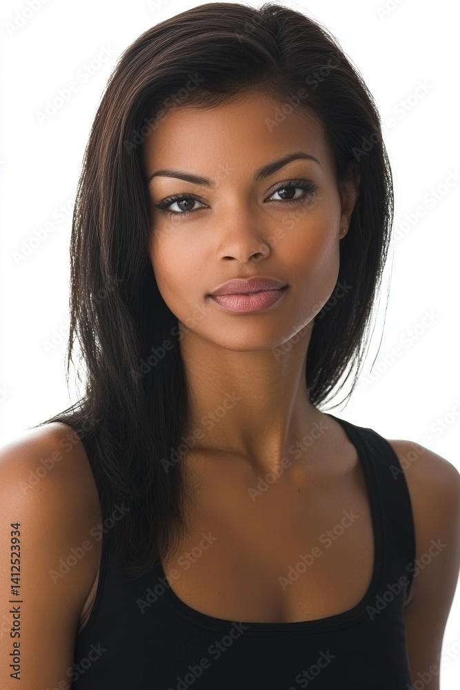 African ethnic female face of a beautiful black-skinned woman with a youthful appearance and long hair