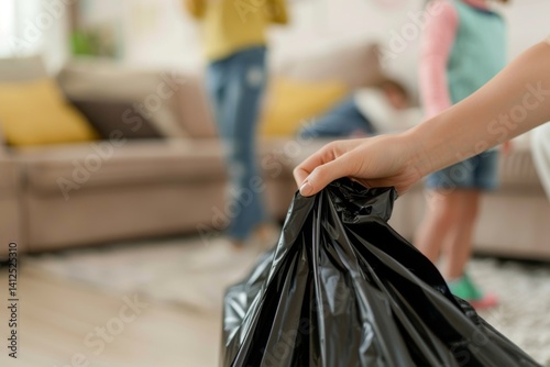 Close-up of a woman's hand holding a black garbage bag for children to pick up trash in the living room at home