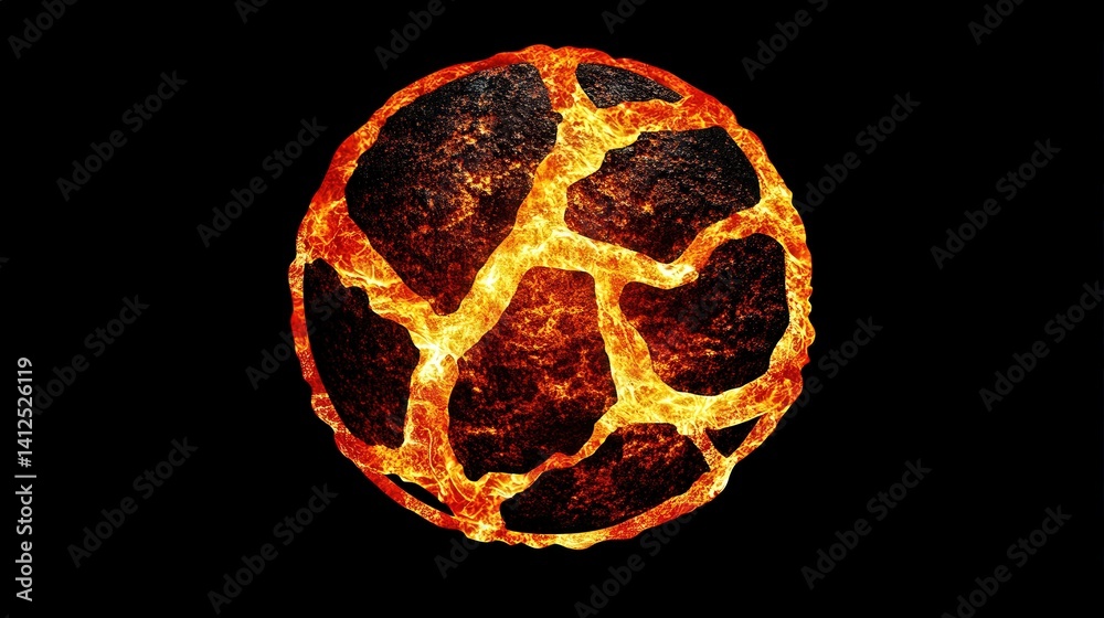 Cracked Spherical Object with Orange Illumination on Black Background