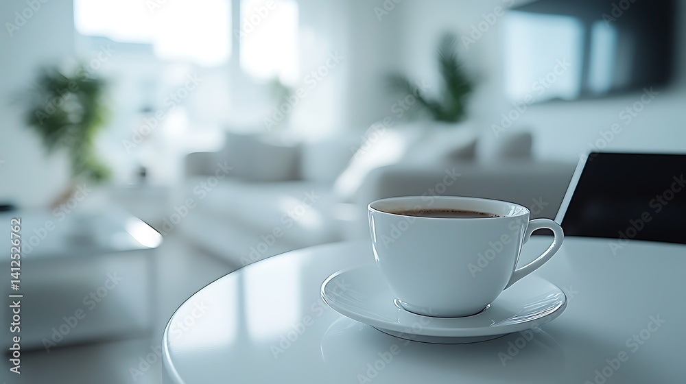 Modern Workspace with Laptop and Coffee Cup, A laptop and coffee cup on a sleek white table in a modern, bright room Modern Workspace with Laptop and Coffee Cup, A laptop and coffee cup on a sleek white table in a modern, bright room
