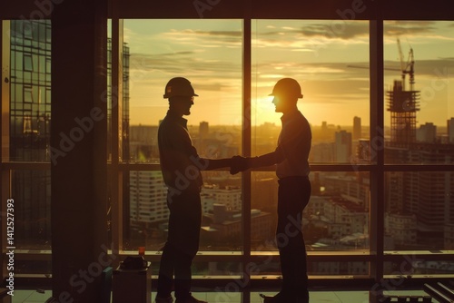 construction worker and a businessman shaking hands in a office contractor