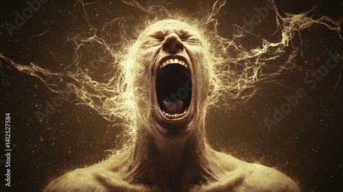 Golden energy engulfing a screaming man's head symbolizes possession and mental breakdown in a decaying, post apocalyptic world filled with despair