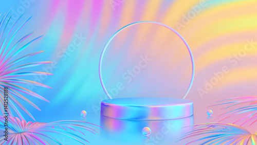 Summer product podium. Summer sale podium. Pedestal, platform for product presentation. Bright sunset and sunrise sky colors background with tropical leaves. Blue, purple, orange, pink, yellow. Vector