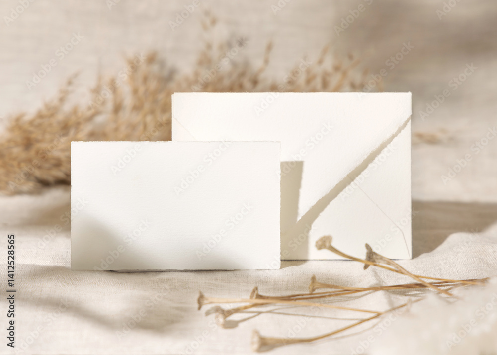 Card and envelope near dry beige pampas grass on linen closeup, mockup. Bohemian wedding stationery