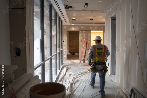 construction worker installing drywall in new building interior