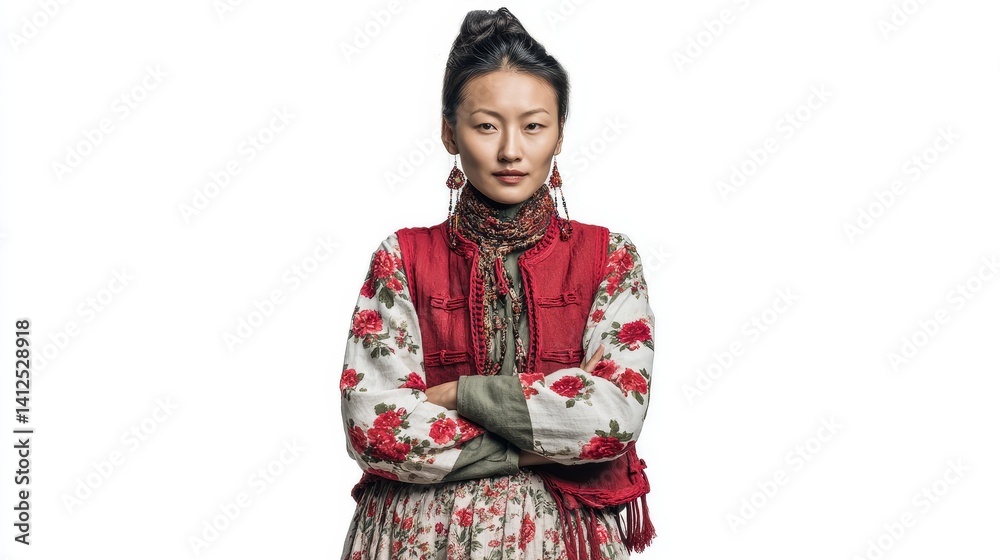 Cultural fashion portrait of confident Chinese young woman in floral embroidered dress with red vest and statement earrings