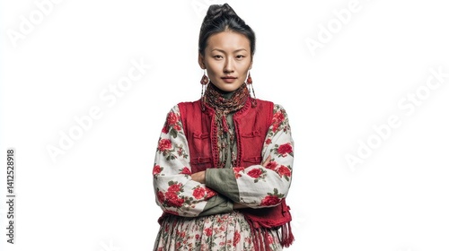 Obraz na płótnie Cultural fashion portrait of confident Chinese young woman in floral embroidered dress with red vest and statement earrings w salonie