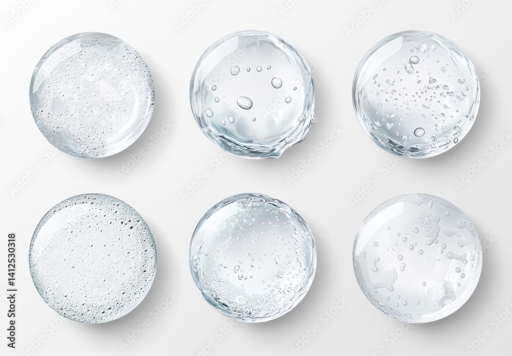 Clear Water Droplets and Bubbles in Circular Frames on White Background Clear Water Droplets and Bubbles in Circular Frames on White Background