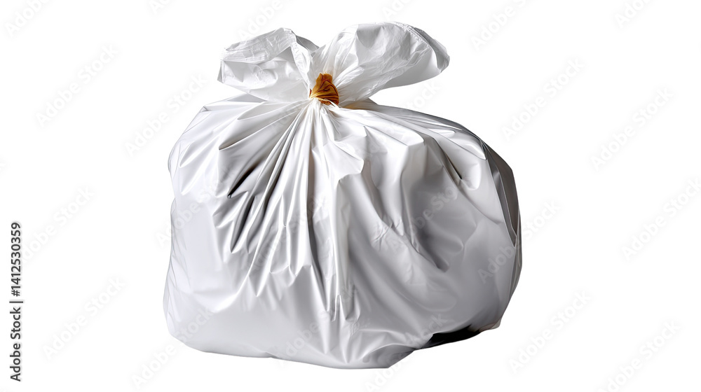 Obraz premium Full Garbage Bag: A close-up shot of a full white garbage bag, tied shut with a twist-tie, ready for disposal. The bag is positioned against a white background.