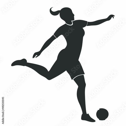 Vector silhouette of a female street soccer player juggling or performing freestyle tricks, dynamic pose with one foot mid-juggle, athletic and playful stance, black silhouette on a clean white backgr