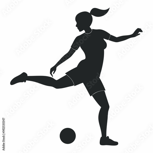 Vector silhouette of a female street soccer player juggling or performing freestyle tricks, dynamic pose with one foot mid-juggle, athletic and playful stance, black silhouette on a clean white backgr