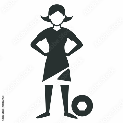 Vector silhouette of a female street soccer player juggling or performing freestyle tricks, dynamic pose with one foot mid-juggle, athletic and playful stance, black silhouette on a clean white backgr