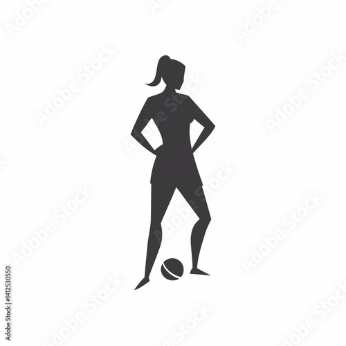 Vector silhouette of a female street soccer player juggling or performing freestyle tricks, dynamic pose with one foot mid-juggle, athletic and playful stance, black silhouette on a clean white backgr