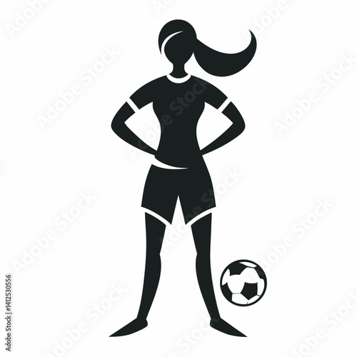 Vector silhouette of a female street soccer player juggling or performing freestyle tricks, dynamic pose with one foot mid-juggle, athletic and playful stance, black silhouette on a clean white backgr