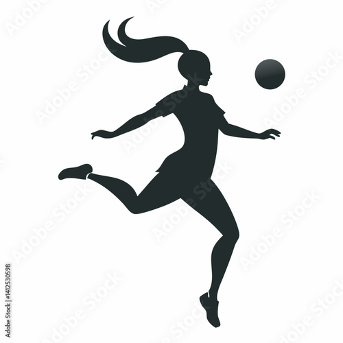 Vector silhouette of a female street soccer player juggling or performing freestyle tricks, dynamic pose with one foot mid-juggle, athletic and playful stance, black silhouette on a clean white backgr