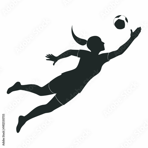 Vector silhouette of a female street soccer player juggling or performing freestyle tricks, dynamic pose with one foot mid-juggle, athletic and playful stance, black silhouette on a clean white backgr
