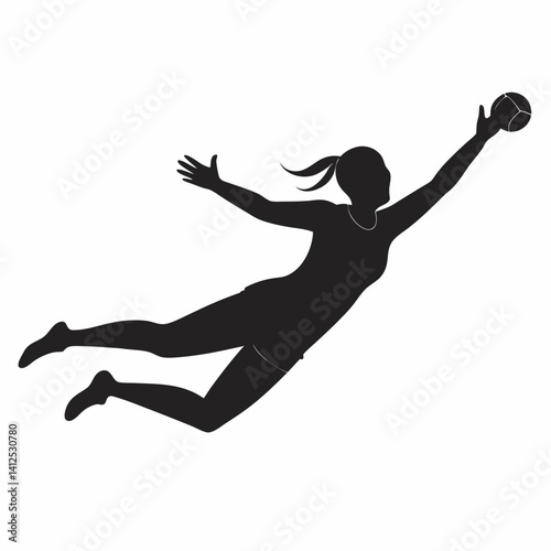 Vector silhouette of a female street soccer player juggling or performing freestyle tricks, dynamic pose with one foot mid-juggle, athletic and playful stance, black silhouette on a clean white backgr