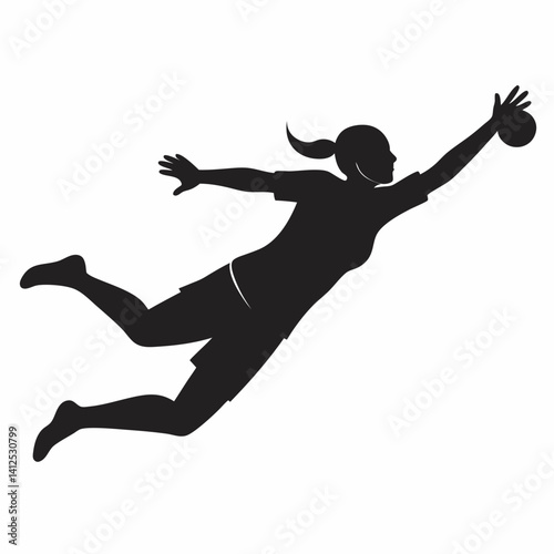 Vector silhouette of a female street soccer player juggling or performing freestyle tricks, dynamic pose with one foot mid-juggle, athletic and playful stance, black silhouette on a clean white backgr