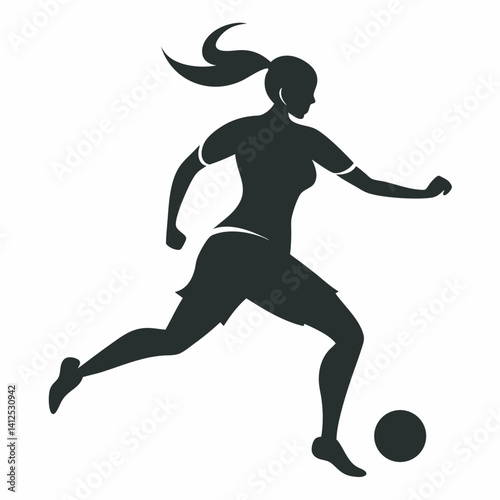 Vector silhouette of a female street soccer player juggling or performing freestyle tricks, dynamic pose with one foot mid-juggle, athletic and playful stance, black silhouette on a clean white backgr