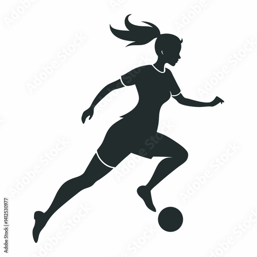 Vector silhouette of a female street soccer player juggling or performing freestyle tricks, dynamic pose with one foot mid-juggle, athletic and playful stance, black silhouette on a clean white backgr