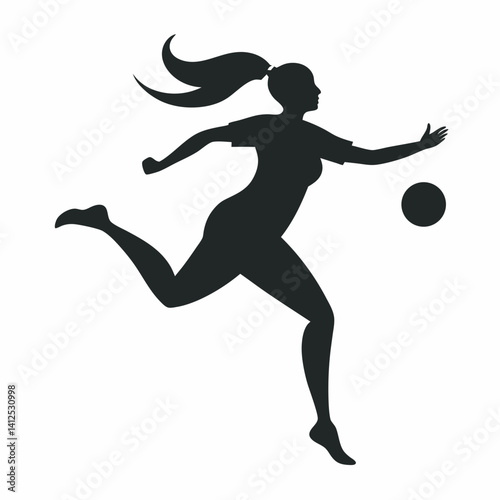Vector silhouette of a female street soccer player juggling or performing freestyle tricks, dynamic pose with one foot mid-juggle, athletic and playful stance, black silhouette on a clean white backgr