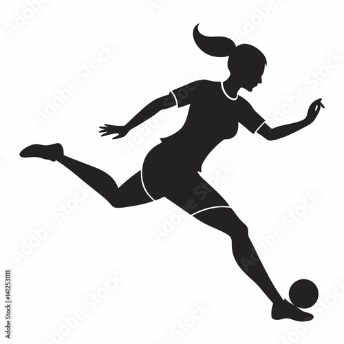 Vector silhouette of a female street soccer player juggling or performing freestyle tricks, dynamic pose with one foot mid-juggle, athletic and playful stance, black silhouette on a clean white backgr
