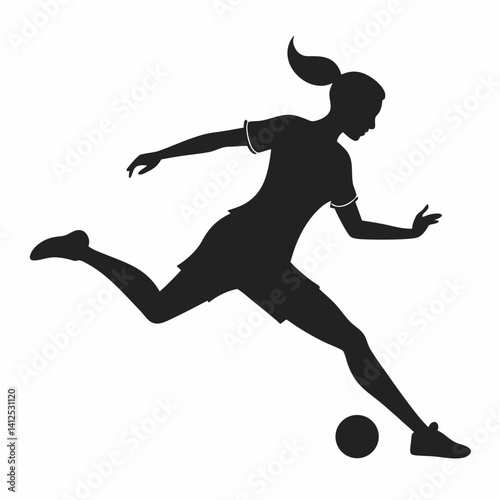 Vector silhouette of a female street soccer player juggling or performing freestyle tricks, dynamic pose with one foot mid-juggle, athletic and playful stance, black silhouette on a clean white backgr