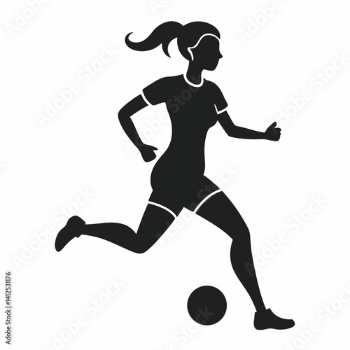 Vector silhouette of a female street soccer player juggling or performing freestyle tricks, dynamic pose with one foot mid-juggle, athletic and playful stance, black silhouette on a clean white backgr