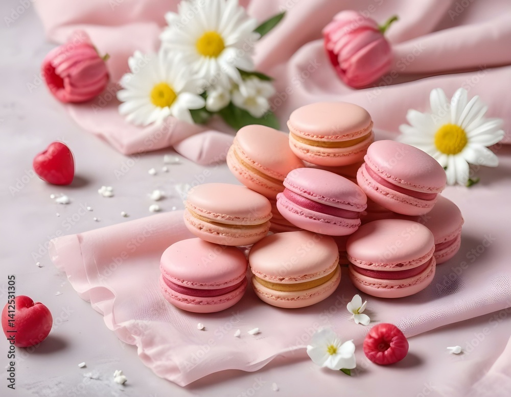 pink french macaroons or macarons cookies and a white flowers on a cloth background. Natural fruit and berry flavors, creamy stuffing for valentines mother day easter with love food pink french macaroons or macarons cookies and a white flowers on a cloth background. Natural fruit and berry flavors, creamy stuffing for valentines mother day easter with love food