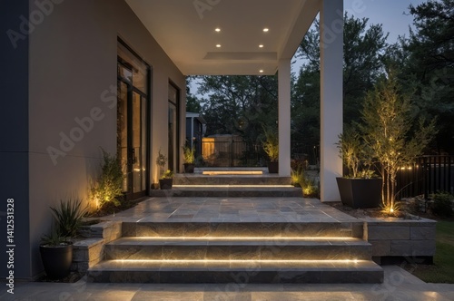 Modern home exterior features lighted steps and architectural details