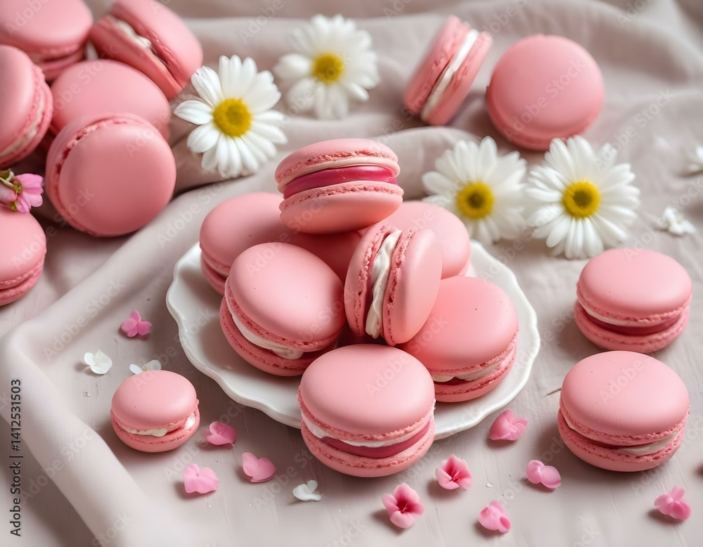 pink french macaroons or macarons cookies and a white flowers on a cloth background. Natural fruit and berry flavors, creamy stuffing for valentines mother day easter with love food pink french macaroons or macarons cookies and a white flowers on a cloth background. Natural fruit and berry flavors, creamy stuffing for valentines mother day easter with love food