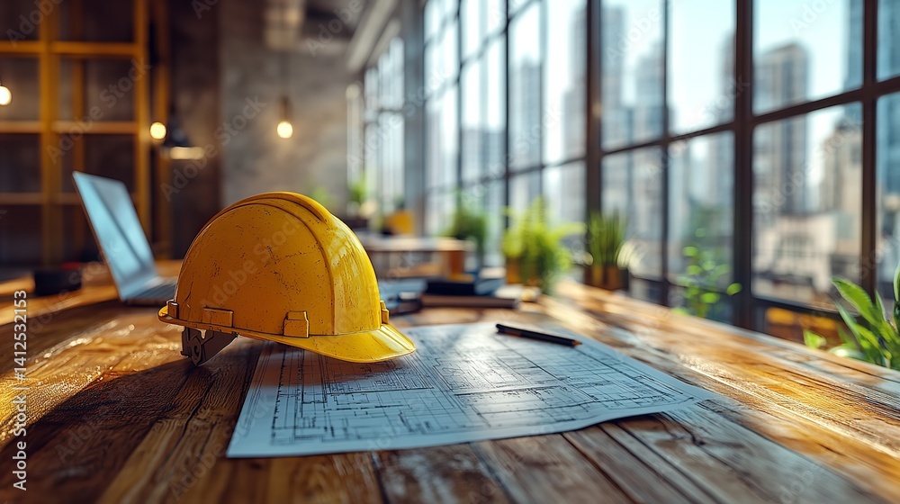 Architect s desk Yellow hardhat rests on blueprints sunlit office city view