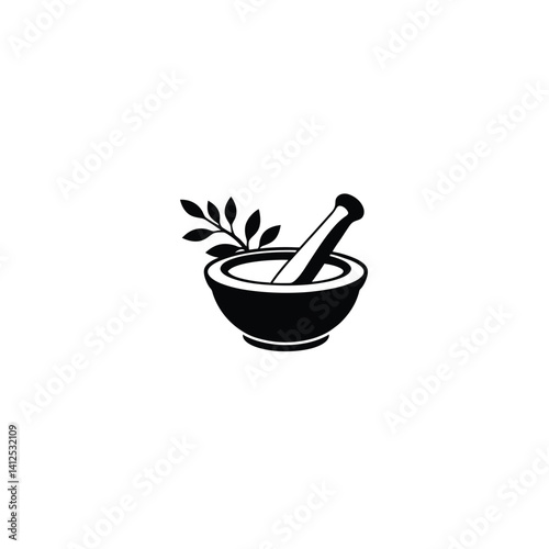 Mortar and pestle with a sprout silhouette on white background