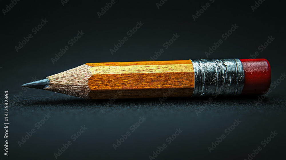 Obraz premium Photorealistic image of a sharpened yellow pencil with a red eraser, presented as a stock item