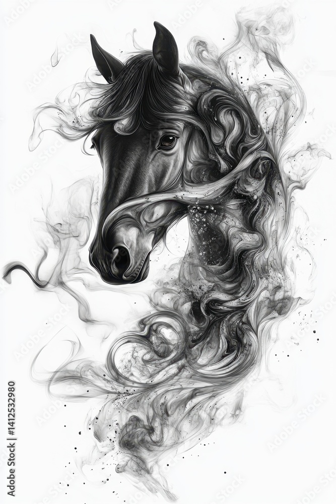 Fototapeta premium Elegant Black Horse Surrounded by Swirling Smoke and Artistry