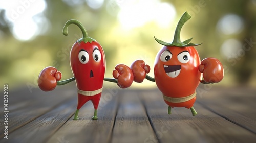 Chili peppers and tomatoes in small boxing shorts facing off in a humorous battle scene made with Generative AI technology