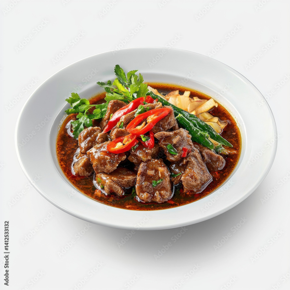 delicious dish of beef stew garnished with fresh herbs and red chili, showcasing vibrant colors and rich flavors delicious dish of beef stew garnished with fresh herbs and red chili, showcasing vibrant colors and rich flavors