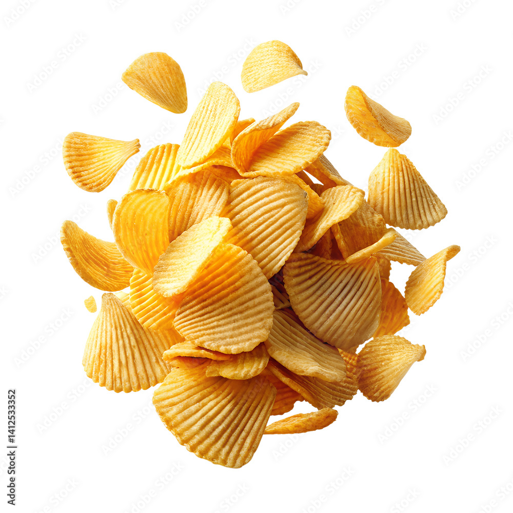 A large group of golden potato chips flying in the air on white background transparent png isolated snack food A large group of golden potato chips flying in the air on white background transparent png isolated snack food