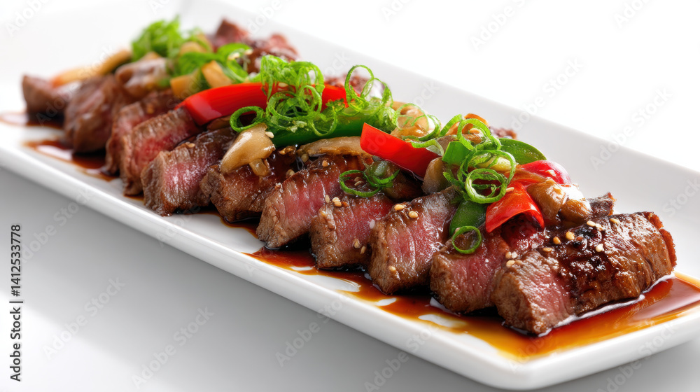 High resolution image of Teppanyaki beef served on white plate, garnished with green onions and colorful vegetables, showcasing delicious meal High resolution image of Teppanyaki beef served on white plate, garnished with green onions and colorful vegetables, showcasing delicious meal