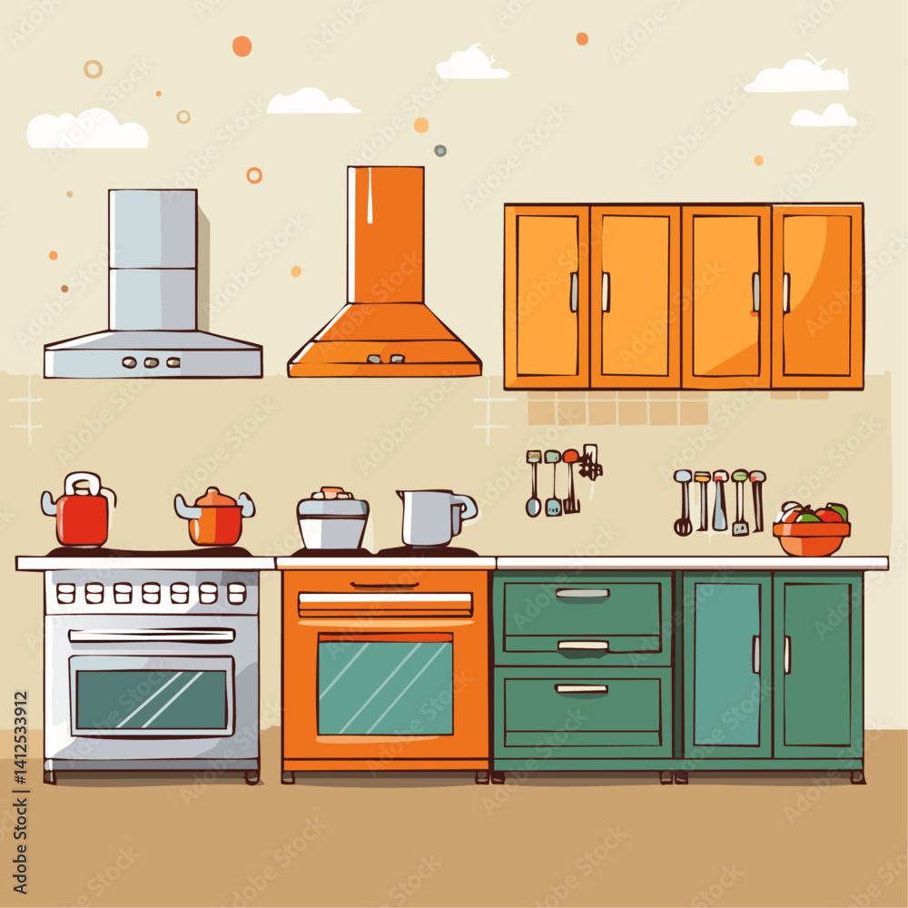 Flat line drawing of a modern minimalist kitchen with appliances on the counter vector art icon design