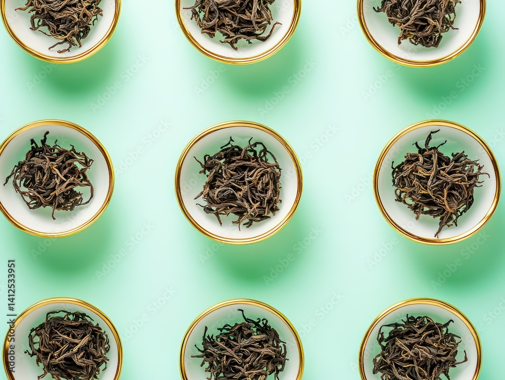 Fototapeta premium A top-down symmetrical featuring tea leaves in delicate golden-rimmed bowls, arranged in a radial pattern for an elegant and luxurious presentation