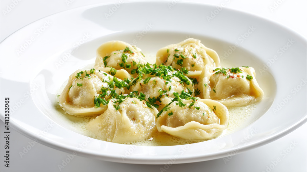 Delicious pelmeni served in white bowl, garnished with fresh herbs, creating inviting and appetizing presentation