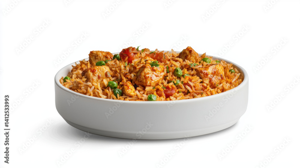 Delicious chicken biryani served in white bowl, featuring tender chicken pieces, fragrant rice, and vibrant vegetables, perfect for hearty meal