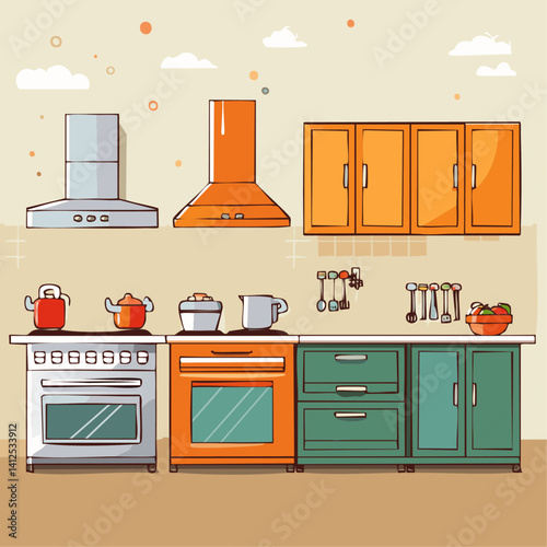Obraz na płótnie Flat line drawing of a modern minimalist kitchen with appliances on the counter vector art icon design w salonie