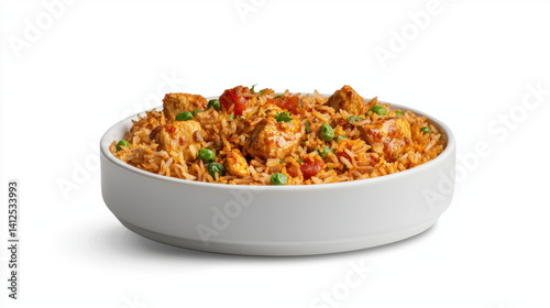 Obraz na płótnie Delicious chicken biryani served in white bowl, featuring tender chicken pieces, fragrant rice, and vibrant vegetables, perfect for hearty meal w salonie
