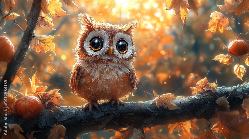 Adorable baby owl perched on autumn branch surrounded by pumpkins and golden leaves soft light
