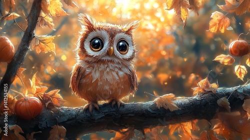 Obraz na płótnie Adorable baby owl perched on autumn branch surrounded by pumpkins and golden leaves soft light w salonie